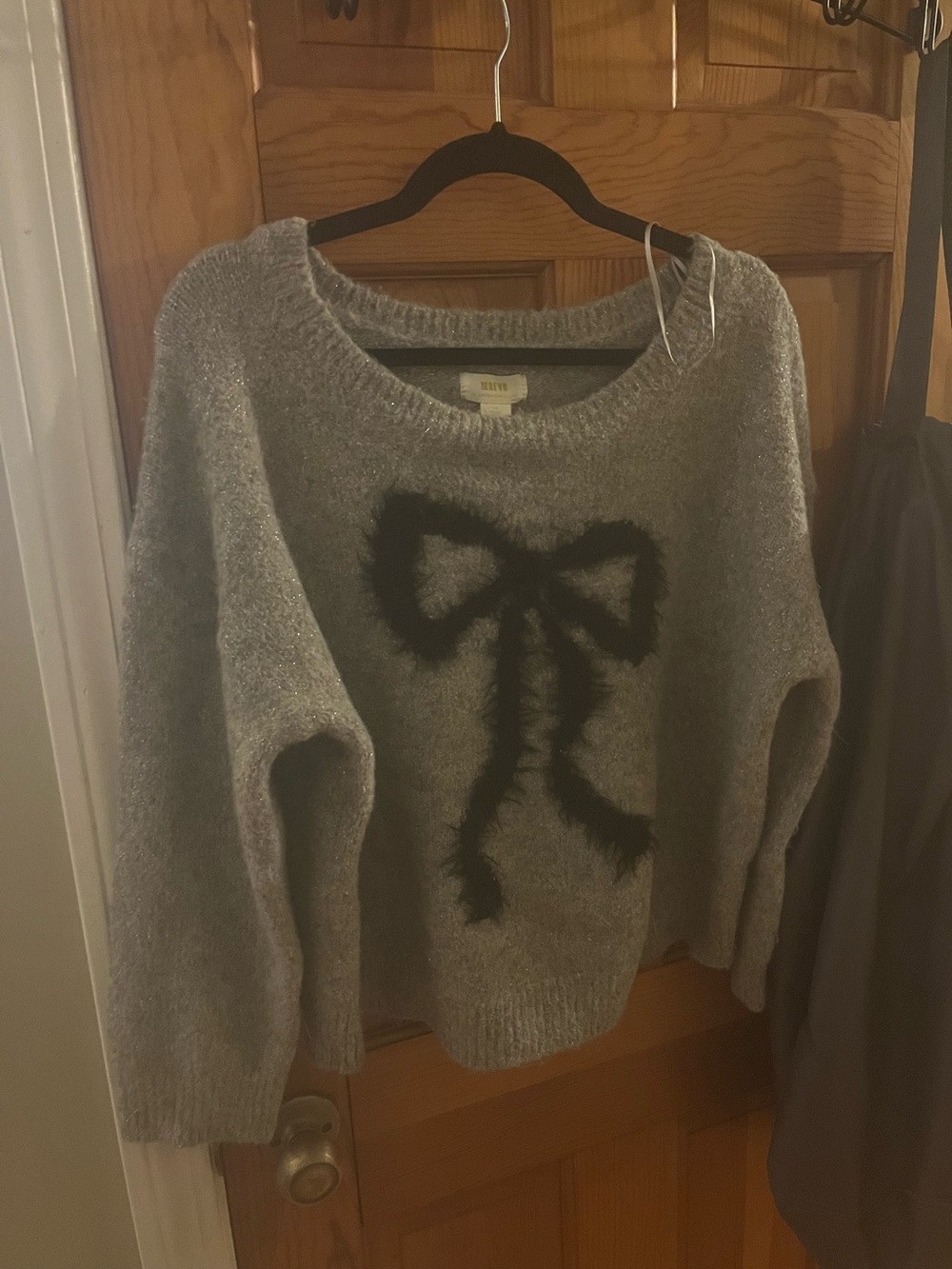 Maeve Gray Sweater with Black Fuzzy Bow